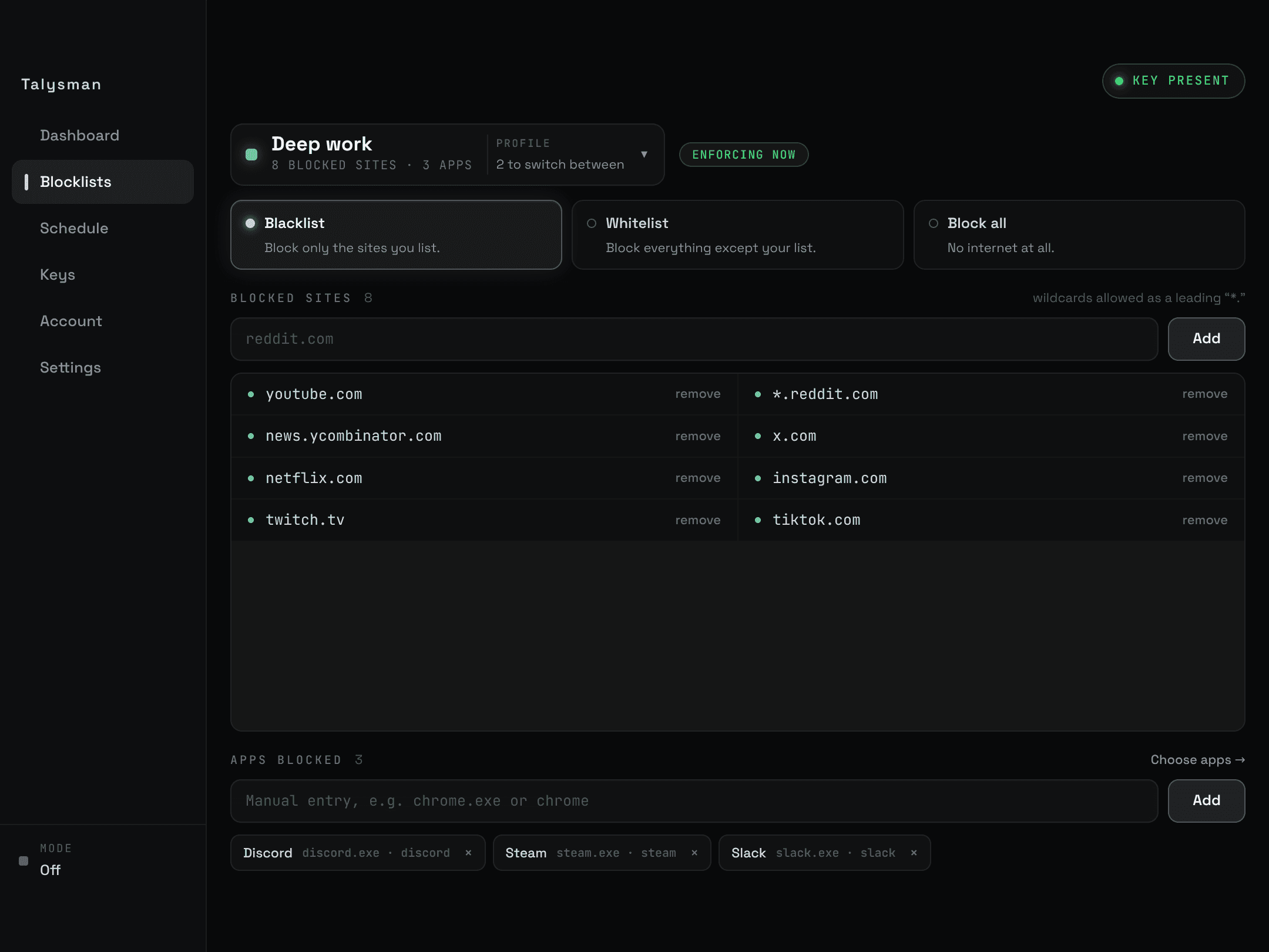 The Blocklists screen: a “Deep work” profile blocking eight sites including youtube.com and reddit.com, plus Discord, Steam and Slack.