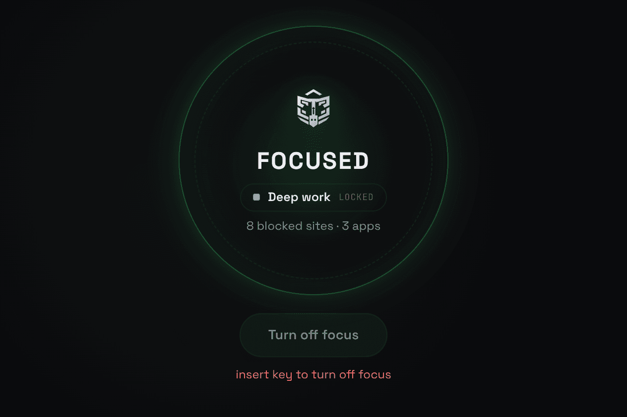 The seal reading FOCUSED with the “Turn off focus” button greyed out and a red line beneath it: “insert key to turn off focus”.